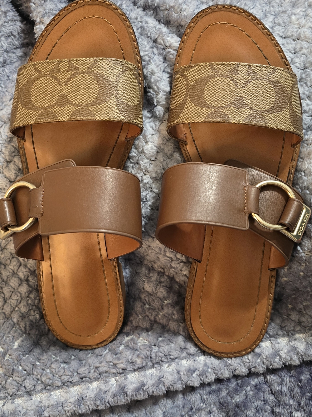 Coach Brown Canvas & Leather Slide Sandals with Gold Ring Accent